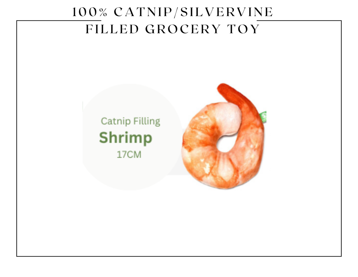 Peluche d'épicerie 100 % Silvervine et fourrée à l'herbe à chat: 100 % fourré à l'herbe à chat - 
Doudou en forme de crevette 
17 cm