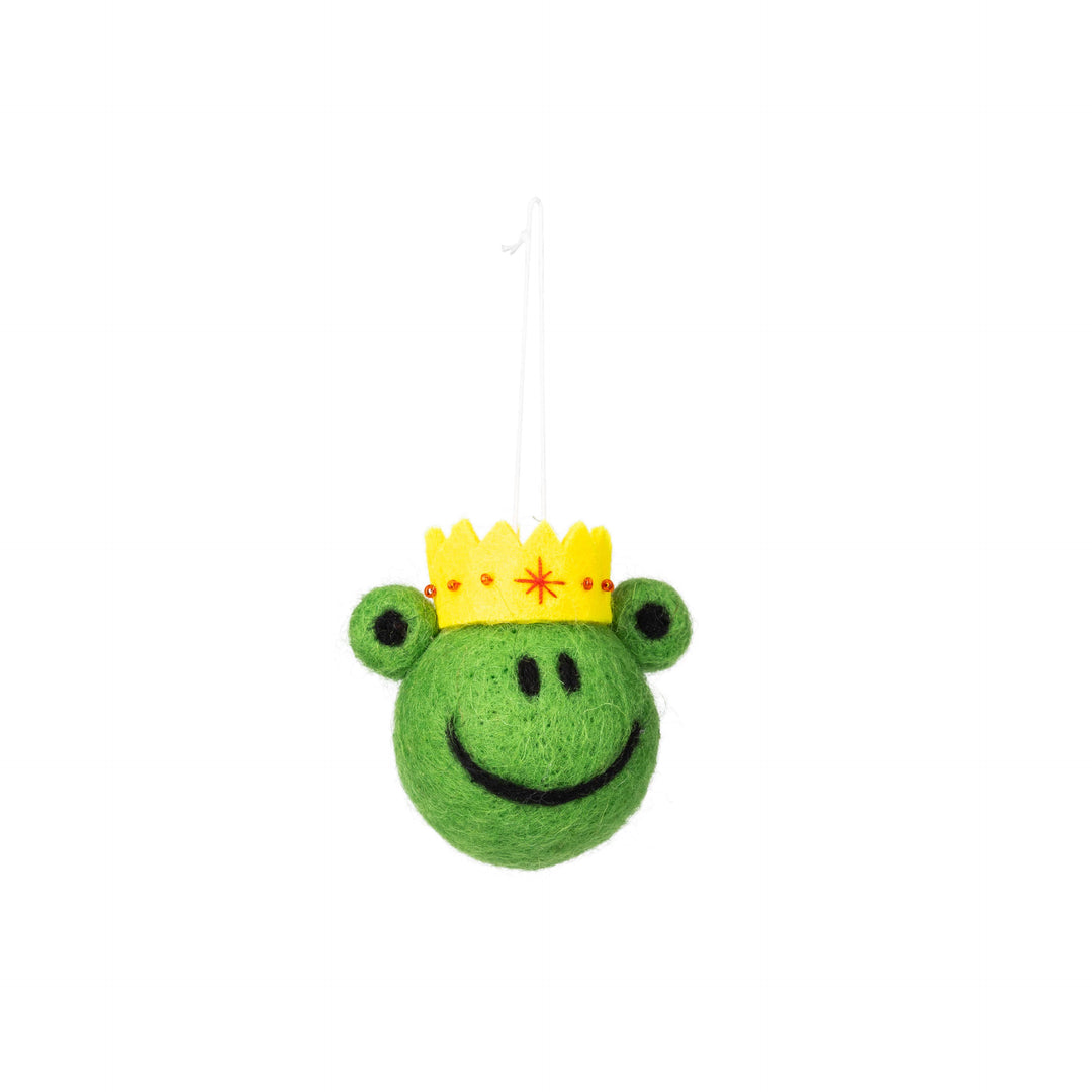 Felt green frog prince ornament