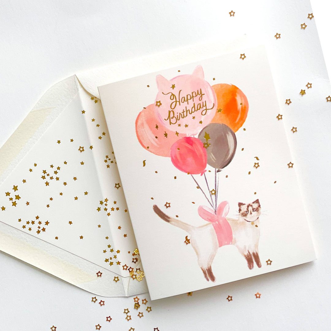 Joyeux anniversaire Chat Ballon avec confettis dorés Carte de vœux