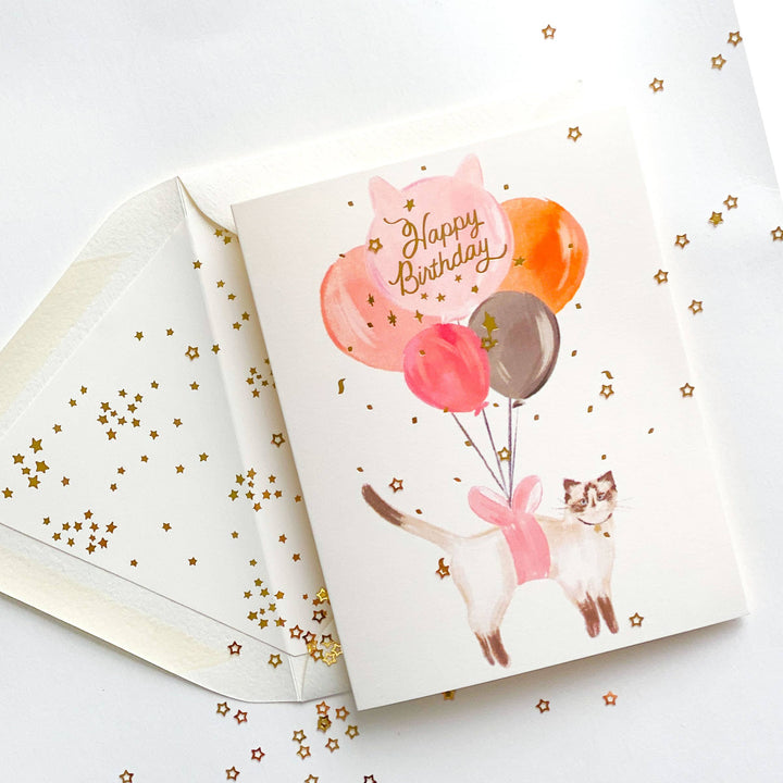 Joyeux anniversaire Chat Ballon avec confettis dorés Carte de vœux