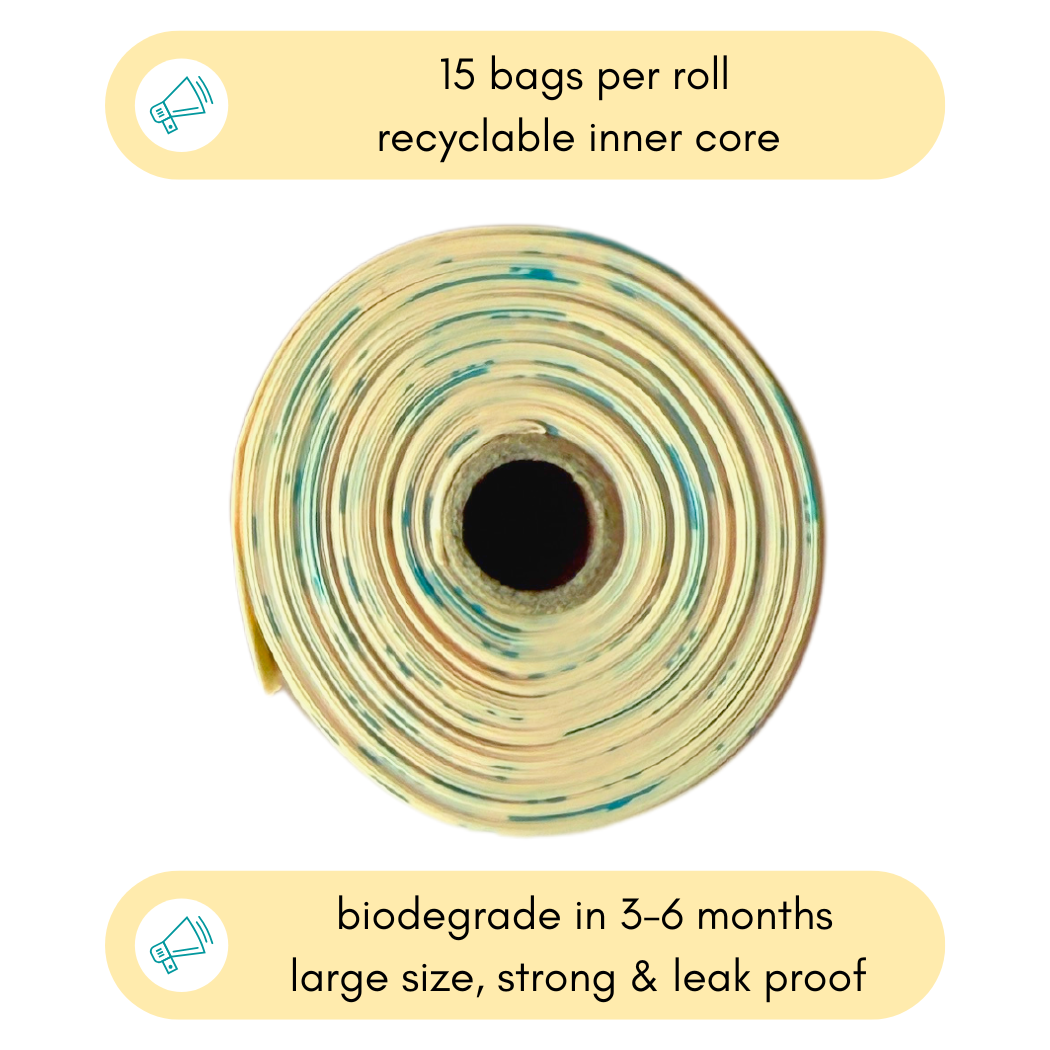 Sacs à crottes de chien compostables rechargeables — Rouleaux de sacs de 9 x 13 po: Taille normale : 15 sacs par rouleau. Dimensions du sac : 23 x 33 cm. / 112 rouleaux de recharge uniquement