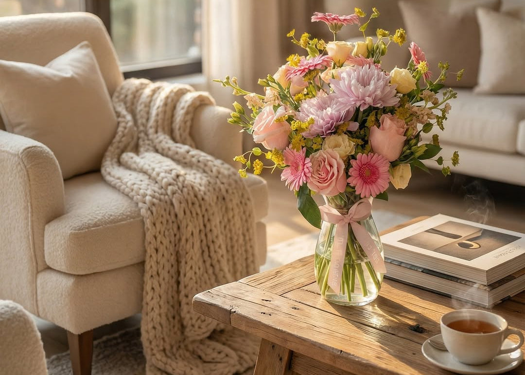 Bouquet of flowers on a coffee table in a cozy living room with text 'Elevate Your Everyday Moments. Shop the Look at MTL Flower Co.