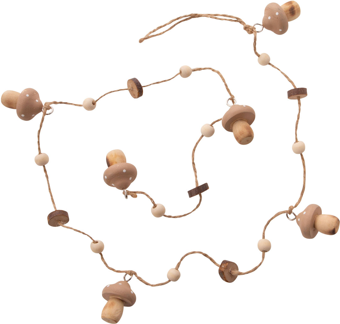 Garland with wood mushrooms, tan painted tops&beads