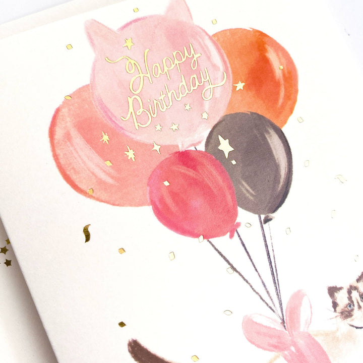 Joyeux anniversaire Chat Ballon avec confettis dorés Carte de vœux