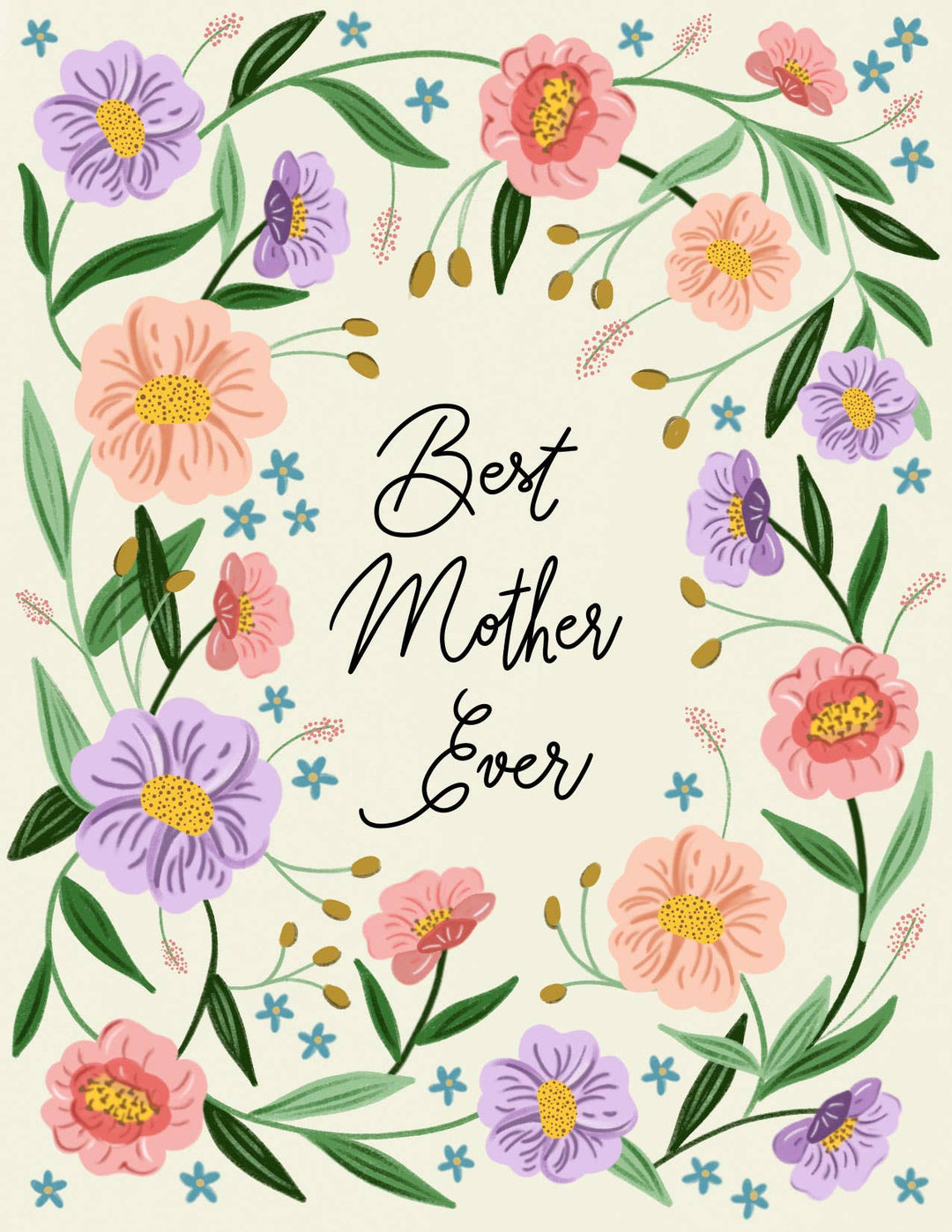 Floral design with 'Best Mother Ever' text on a beige background
