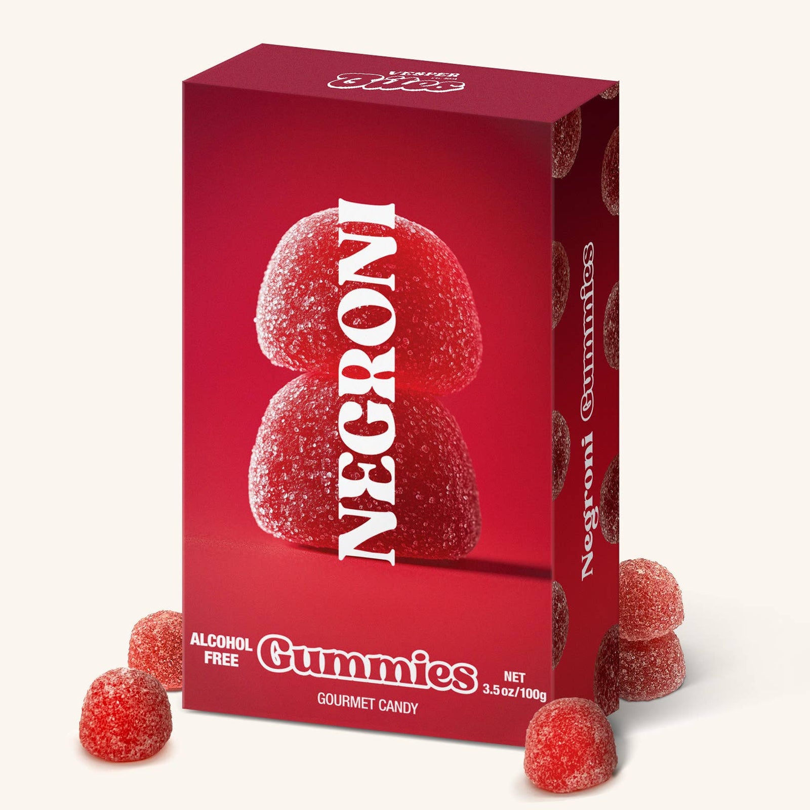 Red box of Negroni gummies with gummies displayed on a white background
