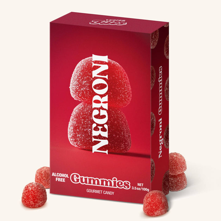 Red box of Negroni gummies with gummies displayed on a white background