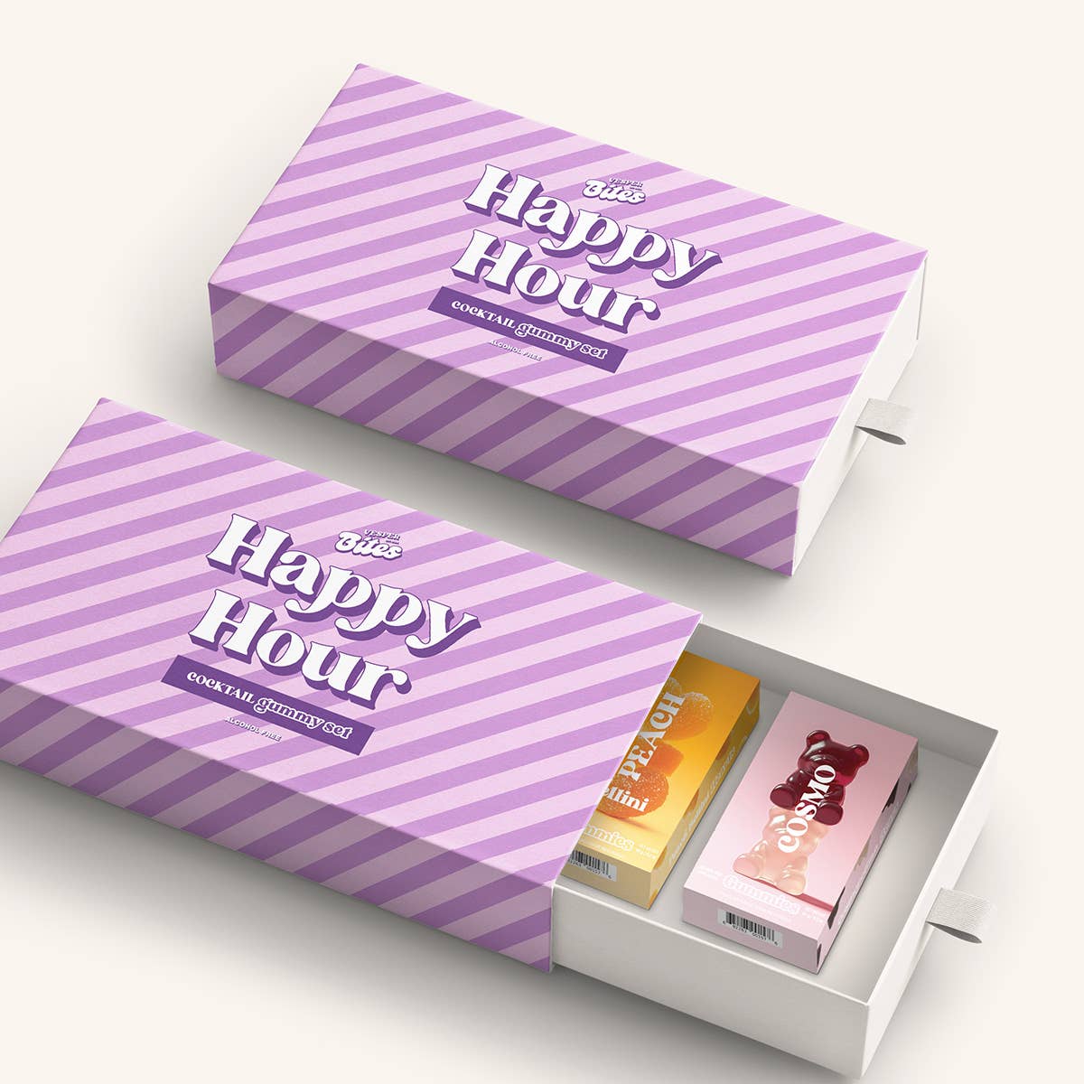 Two 'Happy Hour' candy boxes with striped design on a white background