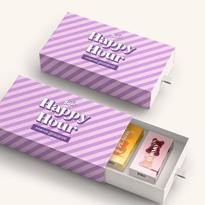 Two 'Happy Hour' candy boxes with striped design on a white background