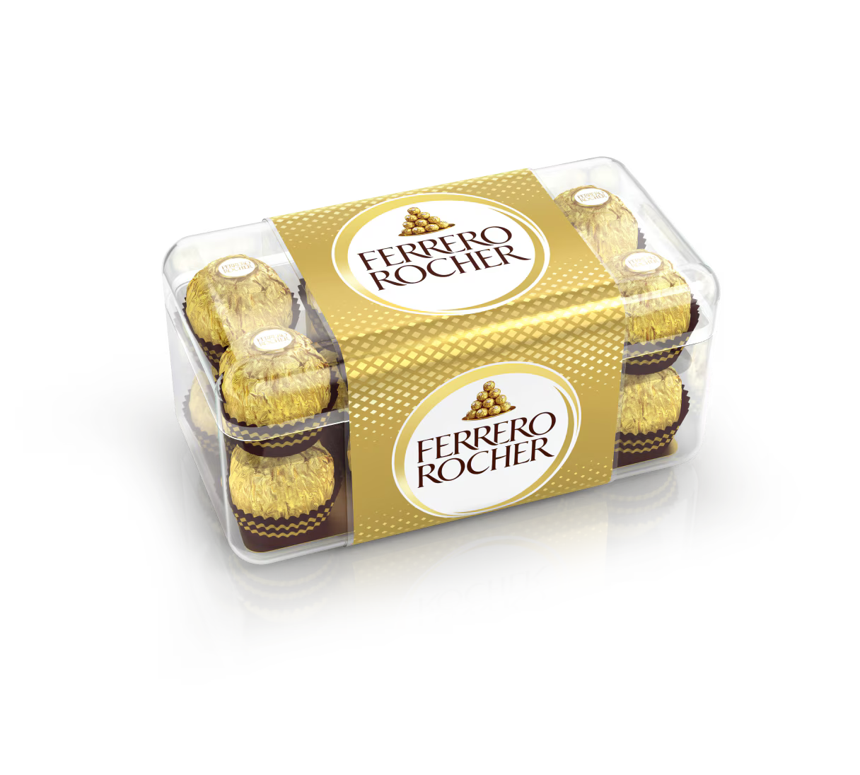 Pack of Ferrero Rocher chocolates on a reflective black surface