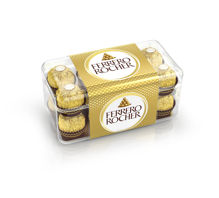 Pack of Ferrero Rocher chocolates on a reflective black surface