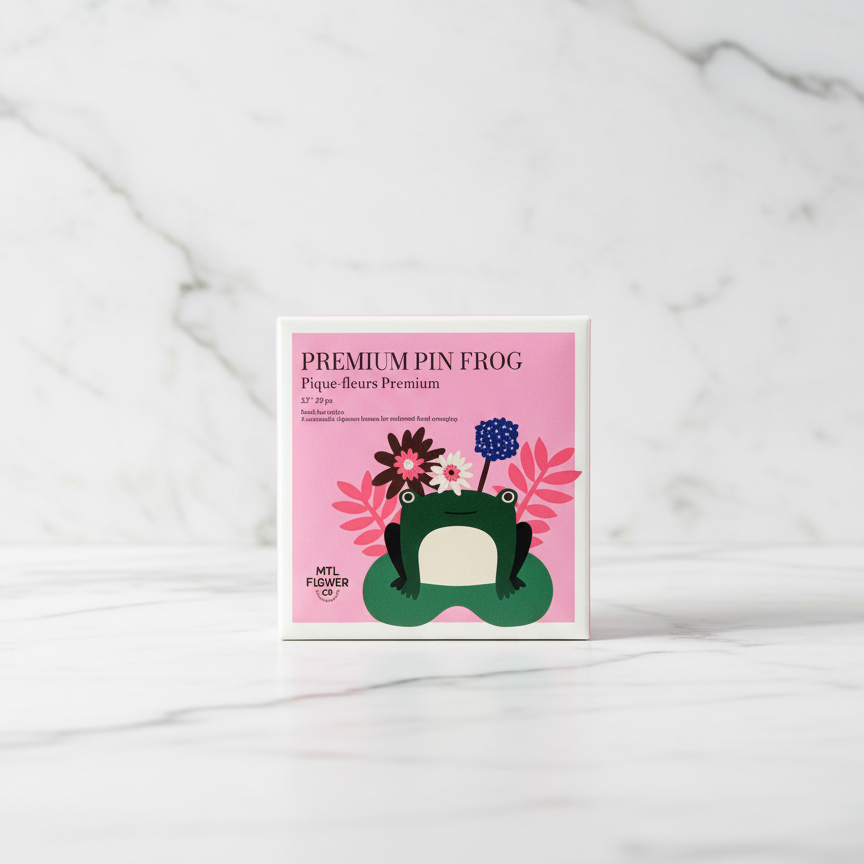 Product packaging with a frog design on a marble background