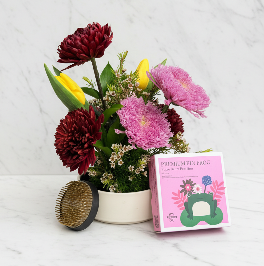 Floral arrangement with a box of premium pin frog products on a marble surface