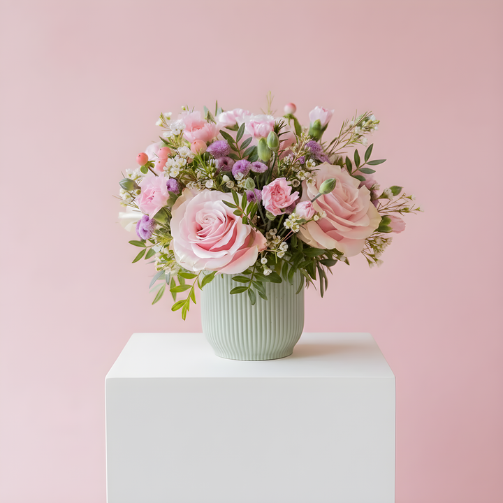 A pastel pink and lavender floral arrangement in a ribbed mint green vase, displayed on a white pedestal against a soft pink background.