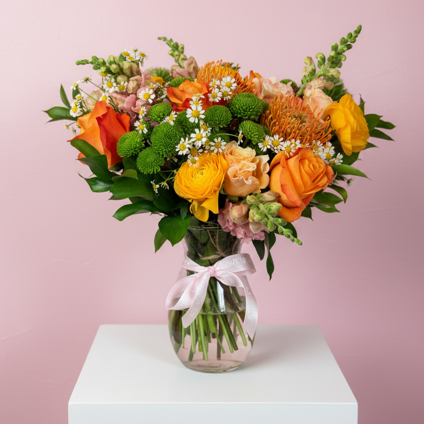 Bouquet of flowers in a clear vase with a pink ribbon on a white pedestal against a pink background