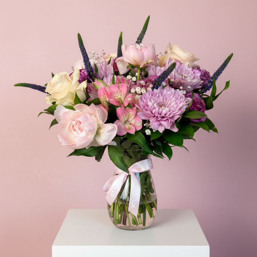 Bouquet of flowers in a glass vase on a white pedestal against a pink background