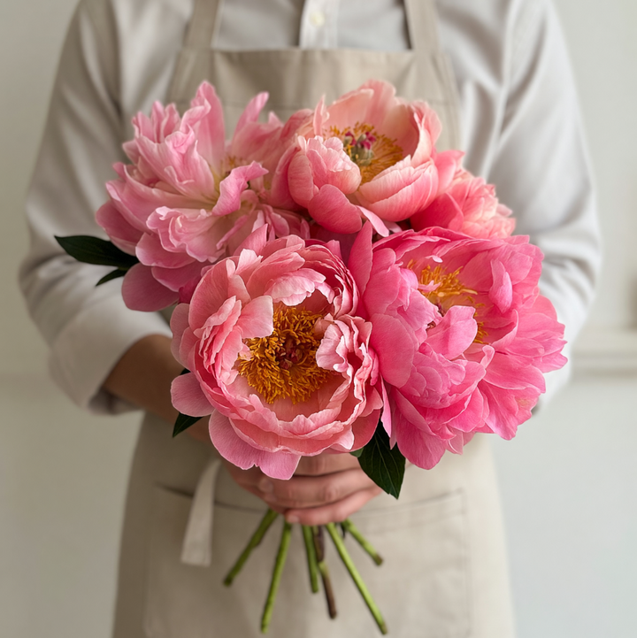 Person holding a bouquet of pink flowers against a neutral background