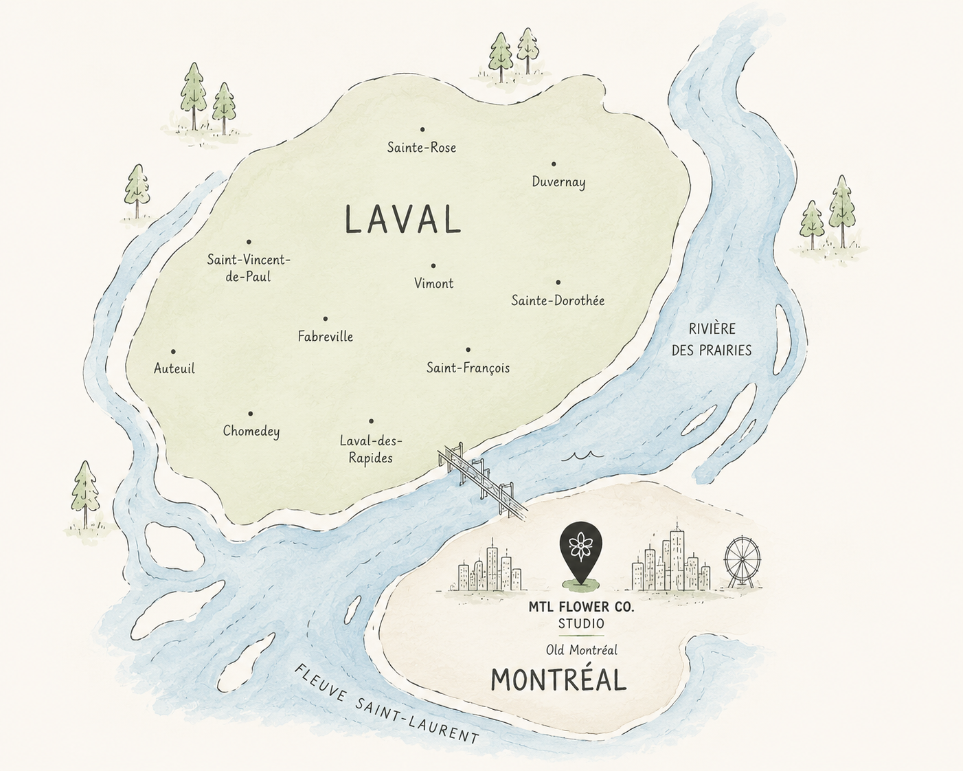 Illustrated map showing Laval in relation to Montréal and MTL Flower Co flower delivery.