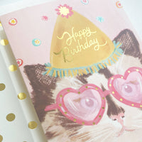 Happy Birthday Cat with Heart Glasses