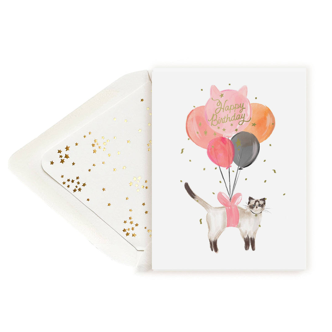 Joyeux anniversaire Chat Ballon avec confettis dorés Carte de vœux