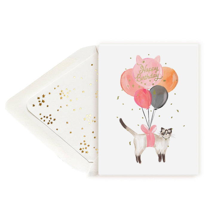 Joyeux anniversaire Chat Ballon avec confettis dorés Carte de vœux